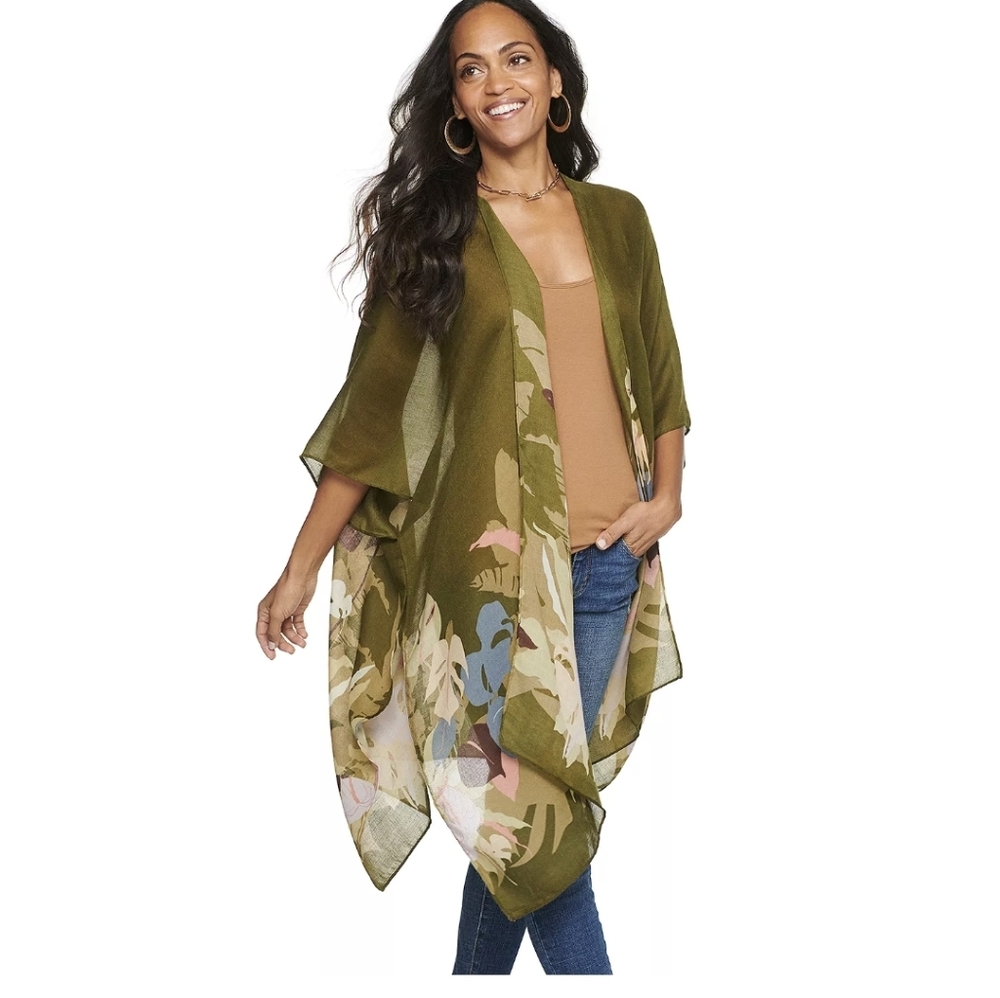 a.n.a Olive Herringbone Kimono/ wrap Brown Floral NWT